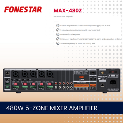 Fonestar MAX-480Z 480W 5-zone mixer amplifier with Bluetooth and media player