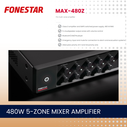 Fonestar MAX-480Z 480W 5-zone mixer amplifier with Bluetooth and media player