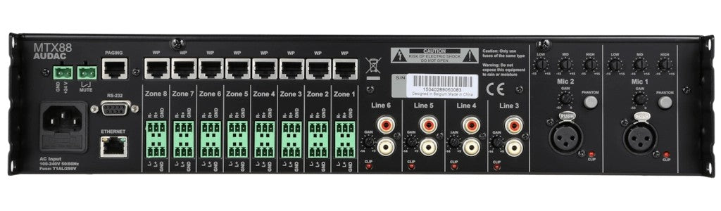 AUDAC MTX88 8-Zone audio matrix – rear panel