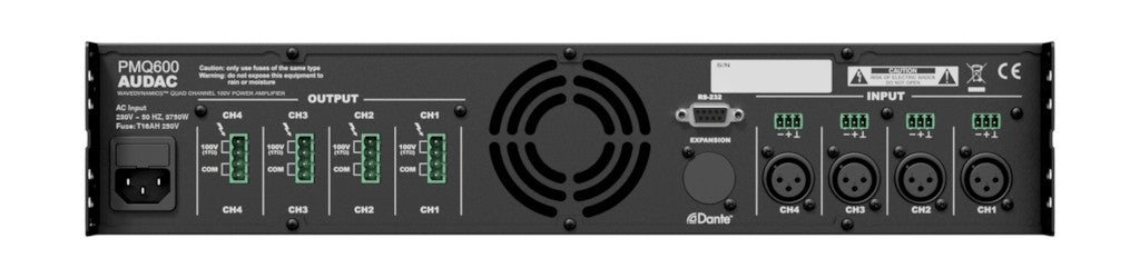 AUDAC PMQ600 WaveDynamics 100V 4-channel power amplifier 4 x 600W – rear panel