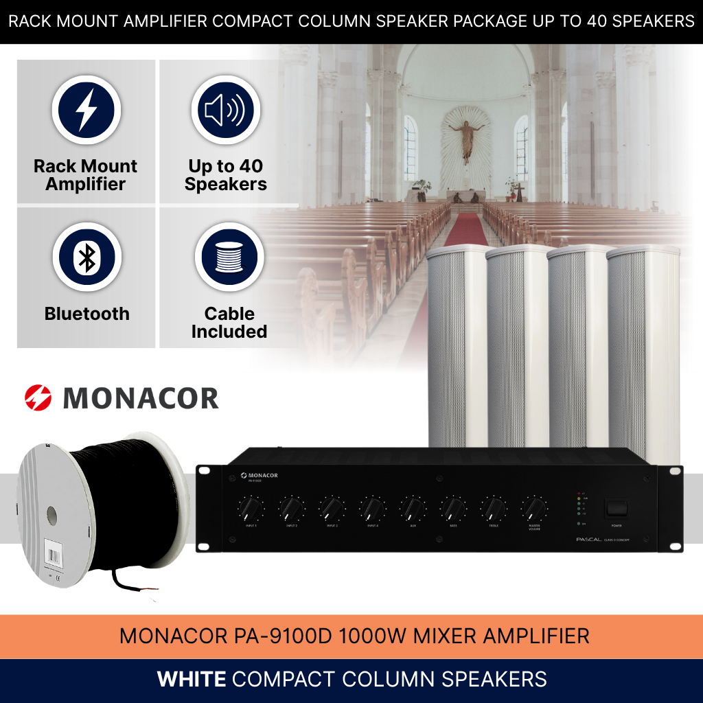 Rack Mount Amplifier Compact Column Speaker Package Up To 40 Speakers Background Music System