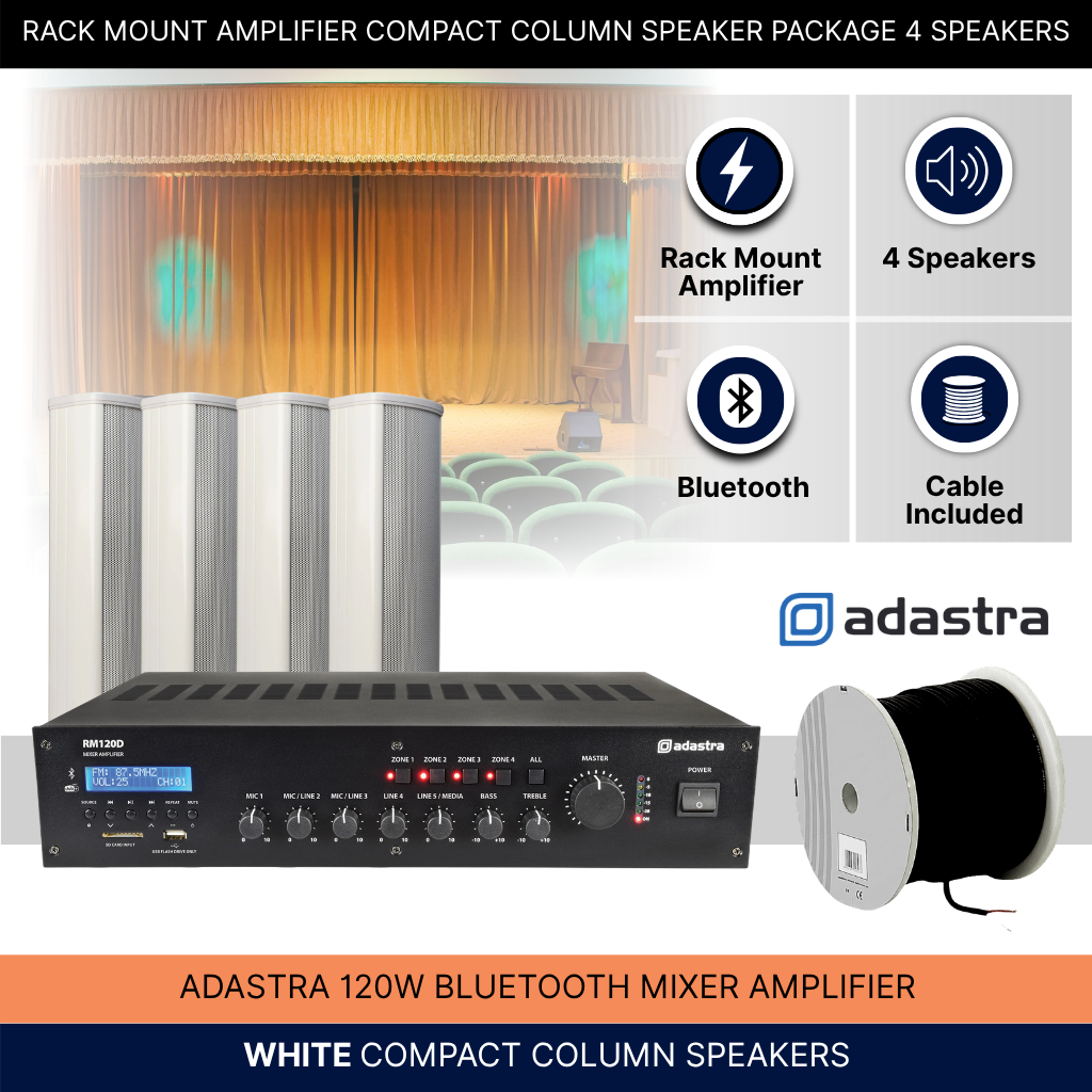 Rack Mount Amplifier Compact Column Speaker Package 4 Speakers Background Music System