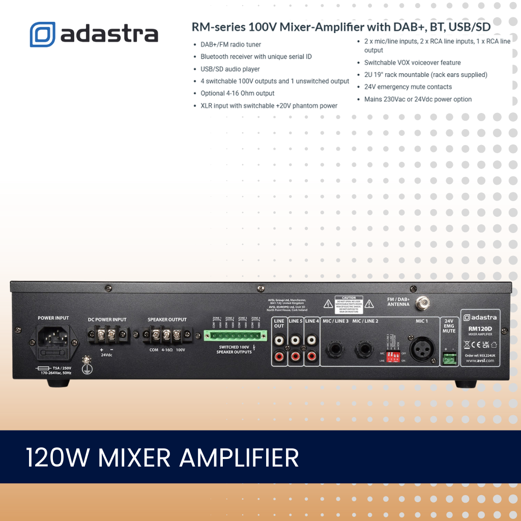 Adastra RM120D 120W single zone mixer amplifier With Bluetooth