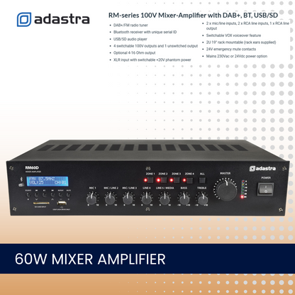 Adastra RM60D 60W single zone mixer amplifier With Bluetooth