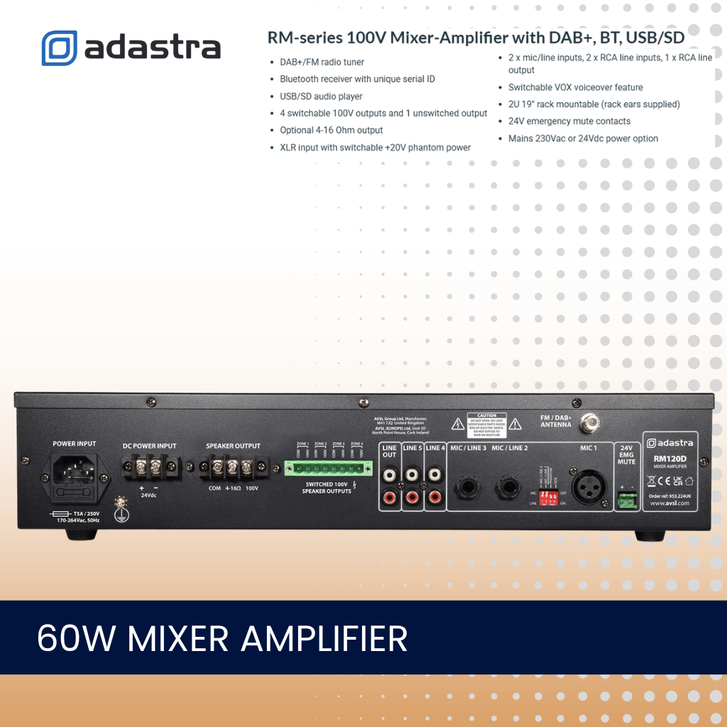 Adastra RM60D 60W single zone mixer amplifier With Bluetooth