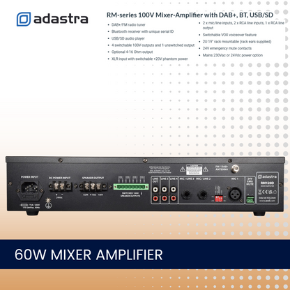 Adastra RM60D 60W single zone mixer amplifier With Bluetooth