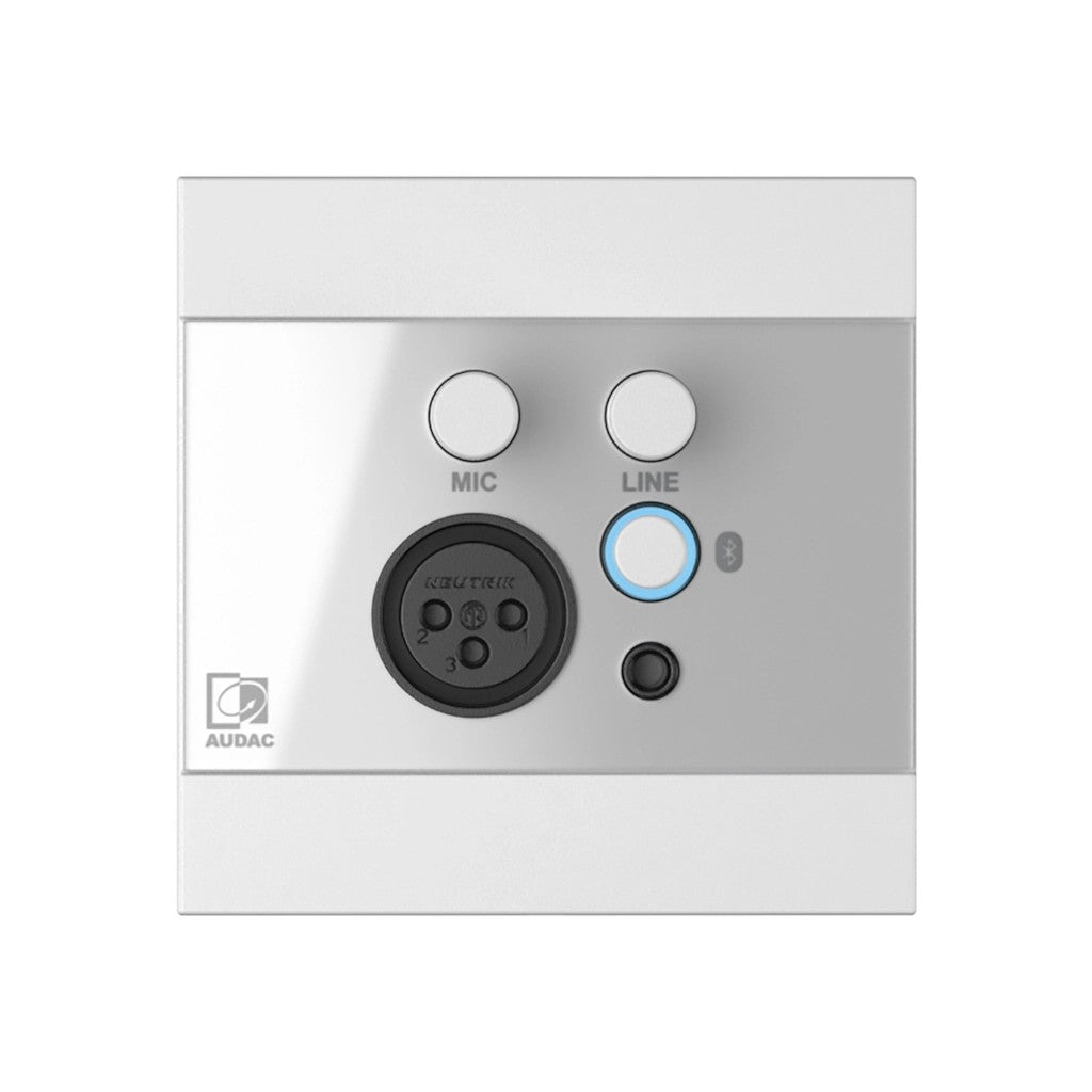 AUDAC WP225 Bluetooth, Microphone and Line input wall panel for MTX matrix – front view, illuminated