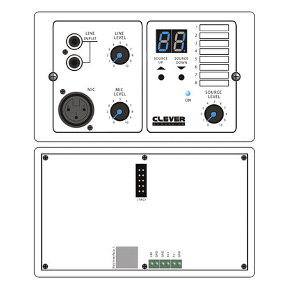 Clever Acoustics ZM 8 BW Wall Plate – Mic/Line Input with Source and Volume Control – manufacturer line drawing of the front and rear panels