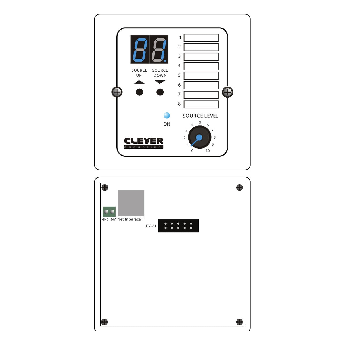 Clever Acoustics ZM 8 CW Wall Plate – Source Select and Volume Control – manufacturer line drawing of the front and rear panels
