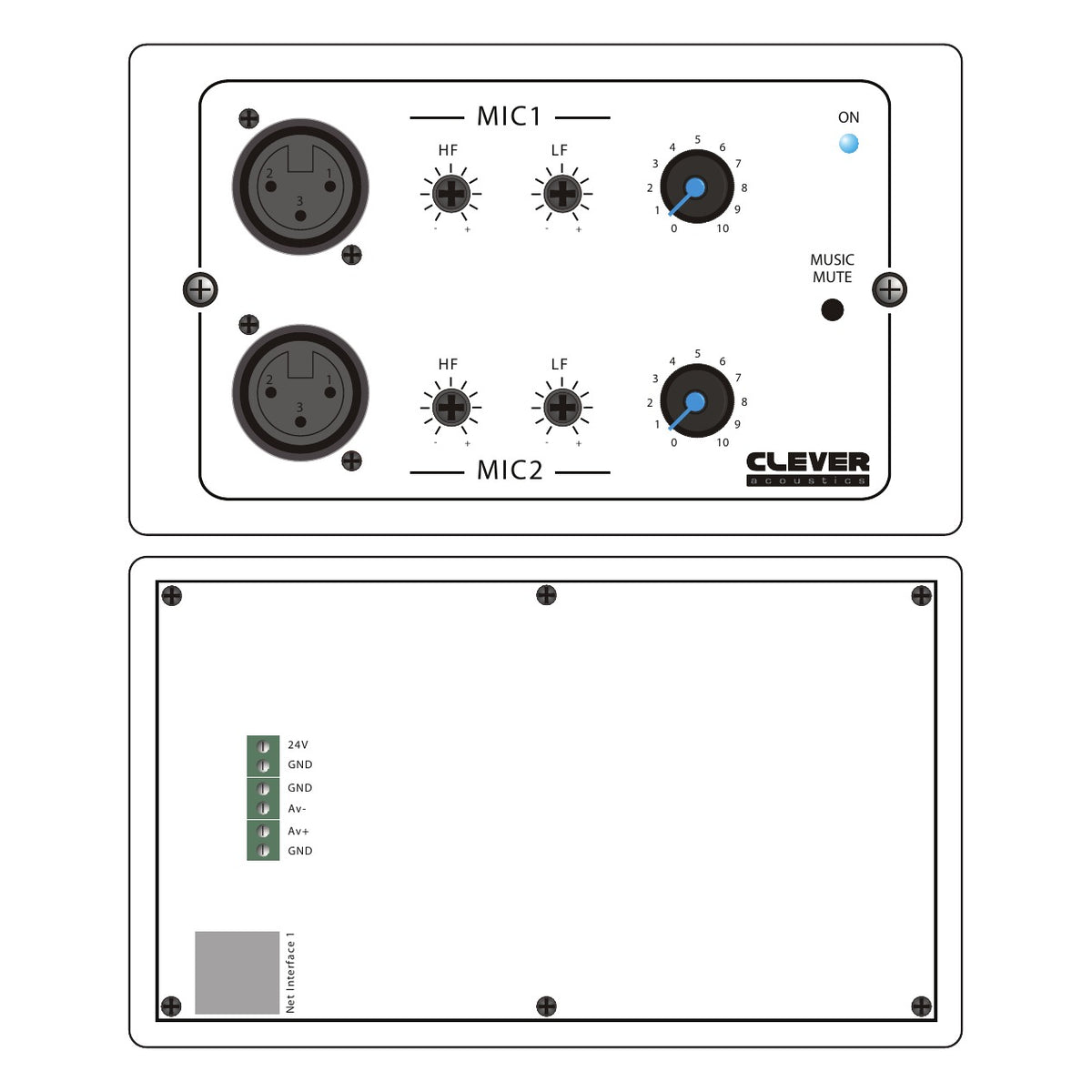 Clever Acoustics ZM 8 DW Wall Plate – Dual Microphone Input – manufacturer line drawing of the front and rear panels