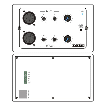 Clever Acoustics ZM 8 DW Wall Plate – Dual Microphone Input – manufacturer line drawing of the front and rear panels